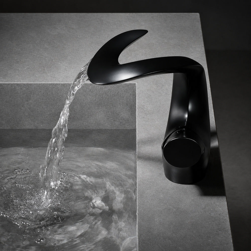 Waterfall Single-Hole Bathroom Faucet, Single-Handle Brass Deck Mount Faucet, Brushed Gold / Chrome / Matte Black / Matte White