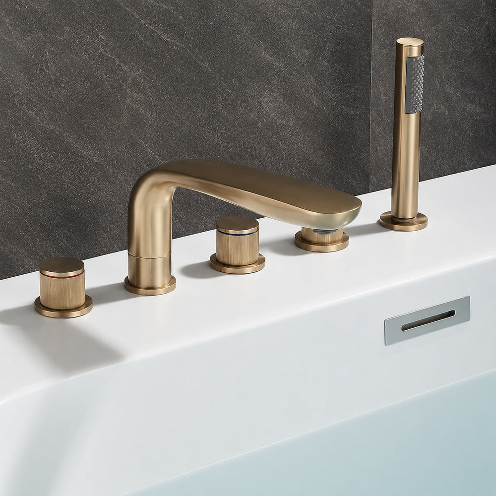 Deck-Mount 5-Hole Bathtub Faucet, Modern Widespread Tub Faucet with Handheld Shower, Matte Black / Brushed Gold
