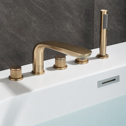Deck-Mount 5-Hole Bathtub Faucet, Modern Widespread Tub Faucet with Handheld Shower, Matte Black / Brushed Gold