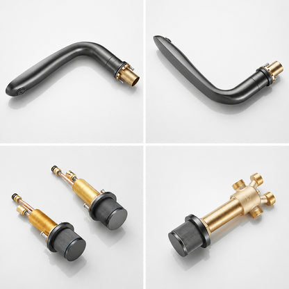 Deck-Mount 5-Hole Bathtub Faucet, Modern Widespread Tub Faucet with Handheld Shower, Matte Black / Brushed Gold