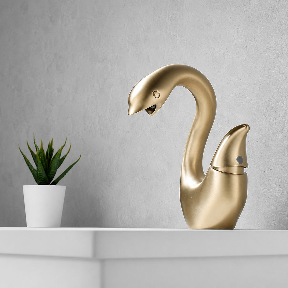 Swan-Shaped Modern Single-Hole Bathroom Faucet, Single-Handle Brass Basin Faucet