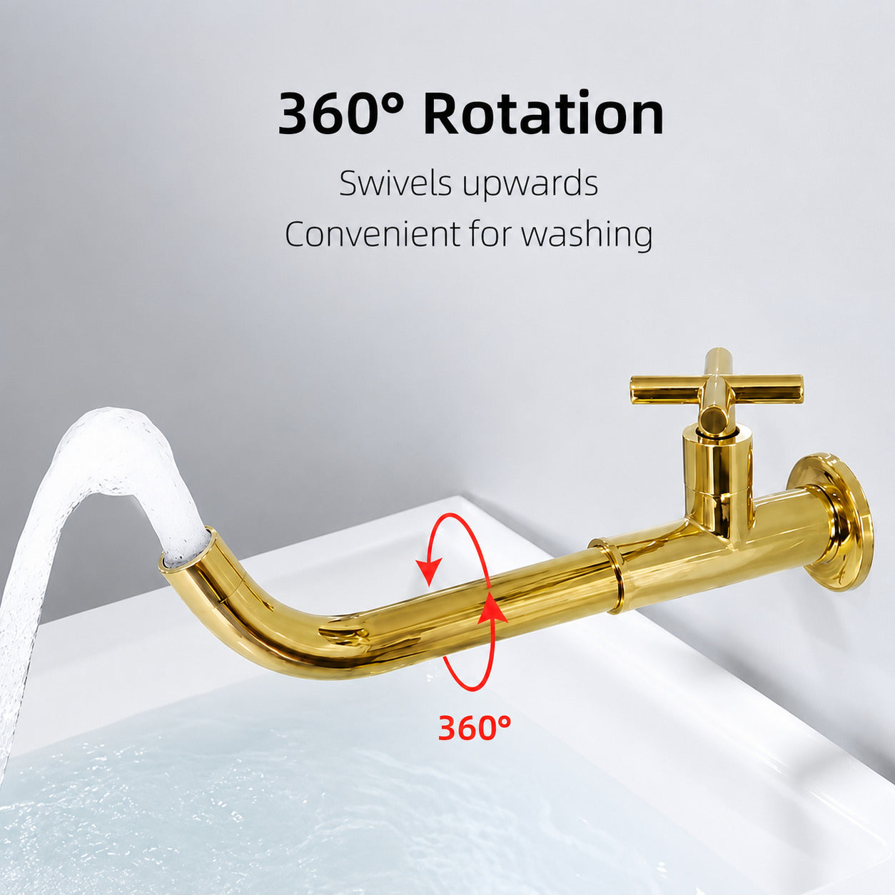 Industrial Wall-Mount Cold Water Bathroom Faucet, Single-Handle Rotatable Spout Tap, Brushed Gold / Chrome / Gunmetal