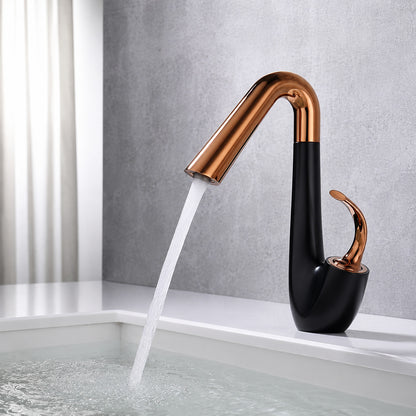 High-Arc Swivel Bathroom Faucet, Modern Single-Hole Single-Handle Basin Faucet, Matte Black / Rose Gold