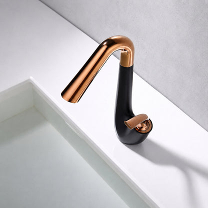 High-Arc Swivel Bathroom Faucet, Modern Single-Hole Single-Handle Basin Faucet, Matte Black / Rose Gold