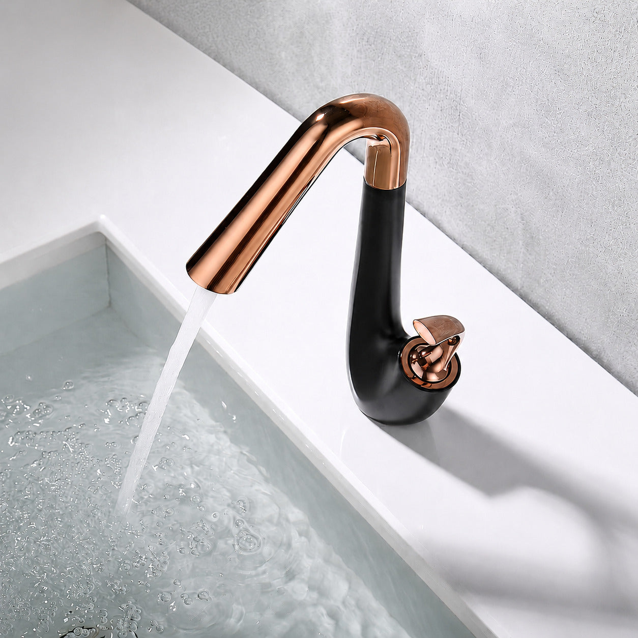 High-Arc Swivel Bathroom Faucet, Modern Single-Hole Single-Handle Basin Faucet, Matte Black / Rose Gold