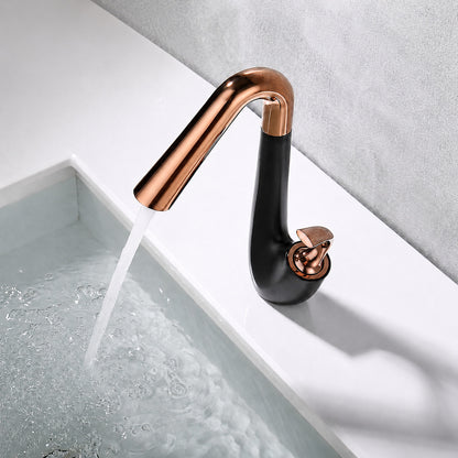High-Arc Swivel Bathroom Faucet, Modern Single-Hole Single-Handle Basin Faucet, Matte Black / Rose Gold