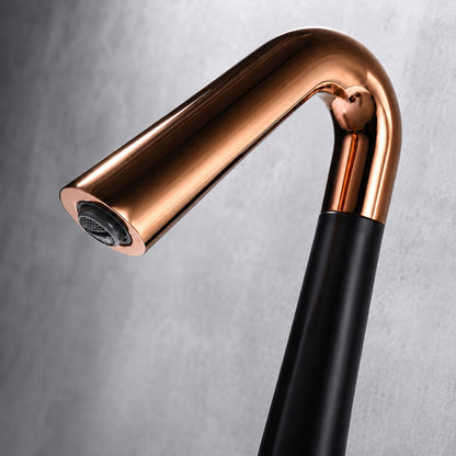 High-Arc Swivel Bathroom Faucet, Modern Single-Hole Single-Handle Basin Faucet, Matte Black / Rose Gold