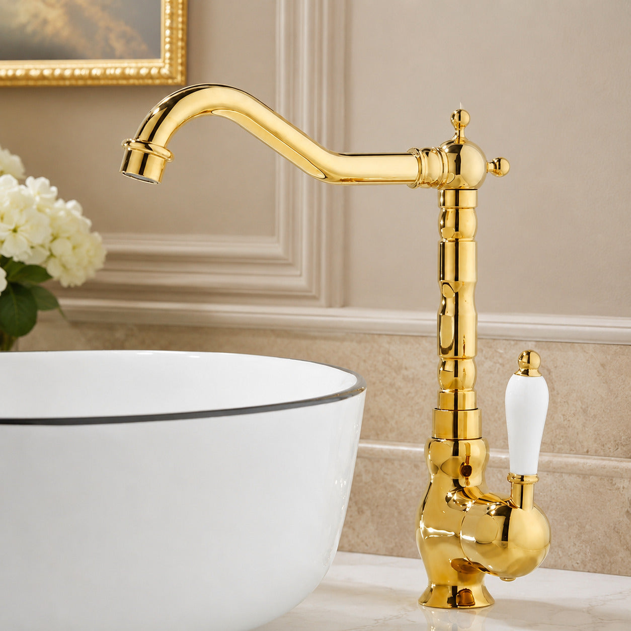 Vintage Tall Vessel Sink Faucet, Traditional Single-Handle Bathroom Faucet with High Arc Swivel Spout, Gold / Chrome / Antique Brass