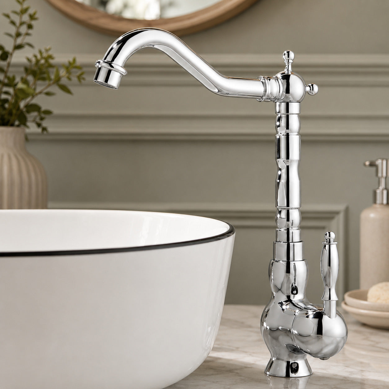 Vintage Tall Vessel Sink Faucet, Traditional Single-Handle Bathroom Faucet with High Arc Swivel Spout, Gold / Chrome / Antique Brass