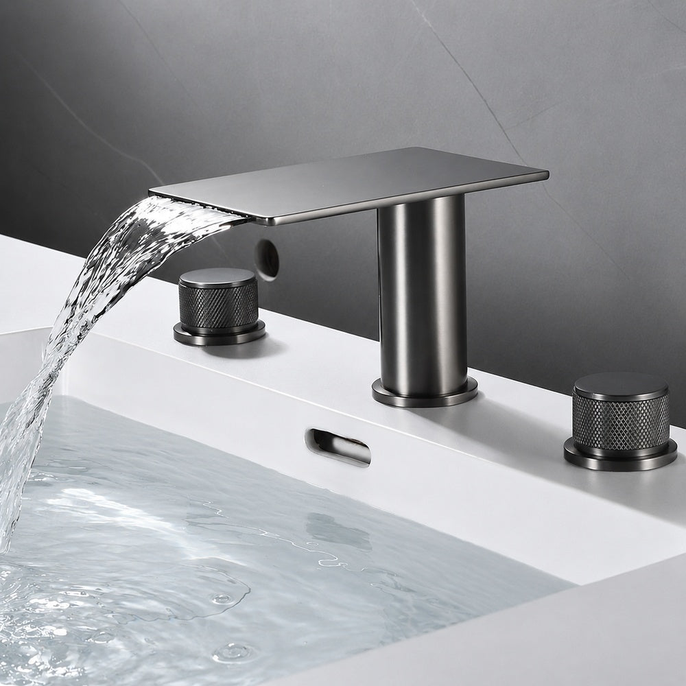 Modern Waterfall Bathroom Faucet, 3-Hole Dual-Handle Faucet, Gunmetal / Matte Black / Chrome