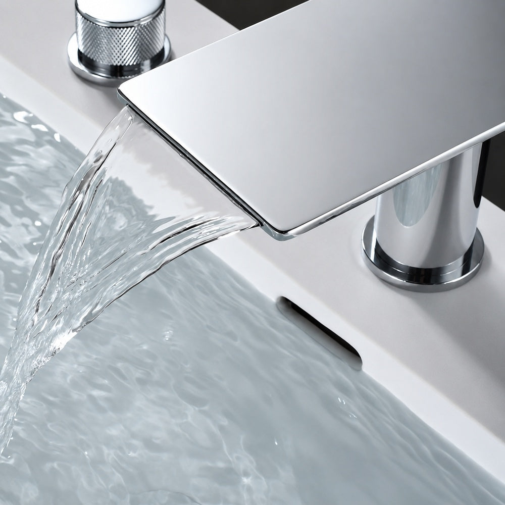 Modern Waterfall Bathroom Faucet, 3-Hole Dual-Handle Faucet, Gunmetal / Matte Black / Chrome