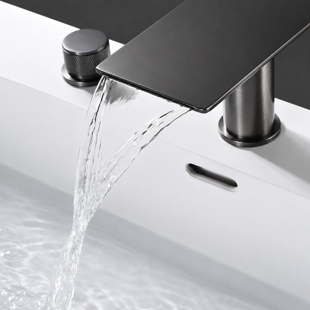 Modern Waterfall Bathroom Faucet, 3-Hole Dual-Handle Faucet, Gunmetal / Matte Black / Chrome