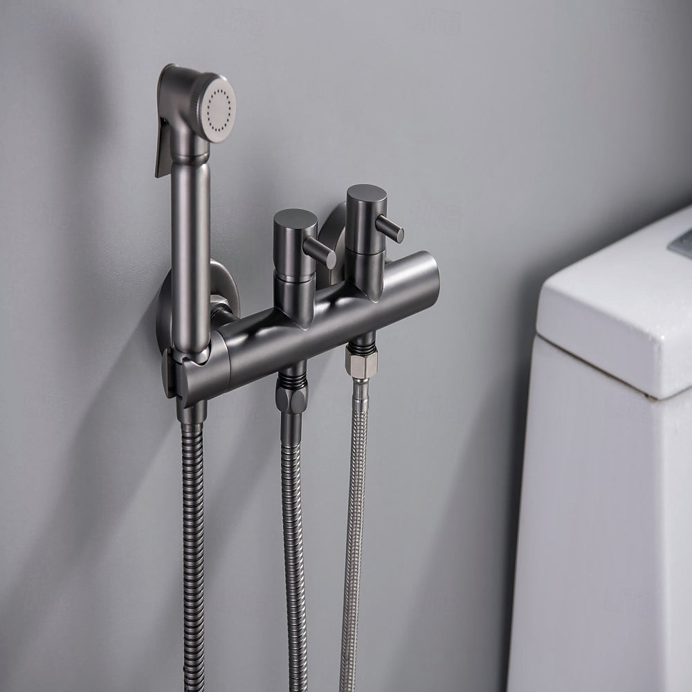 Contemporary Wall-Mounted Bidet Faucet, Dual-Handle Bidet Sprayer Set with Hose, Matte Black / Brushed Gold / Chrome / Gunmetal