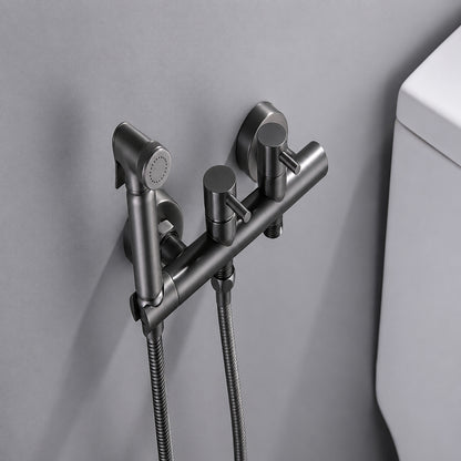 Contemporary Wall-Mounted Bidet Faucet, Dual-Handle Bidet Sprayer Set with Hose, Matte Black / Brushed Gold / Chrome / Gunmetal