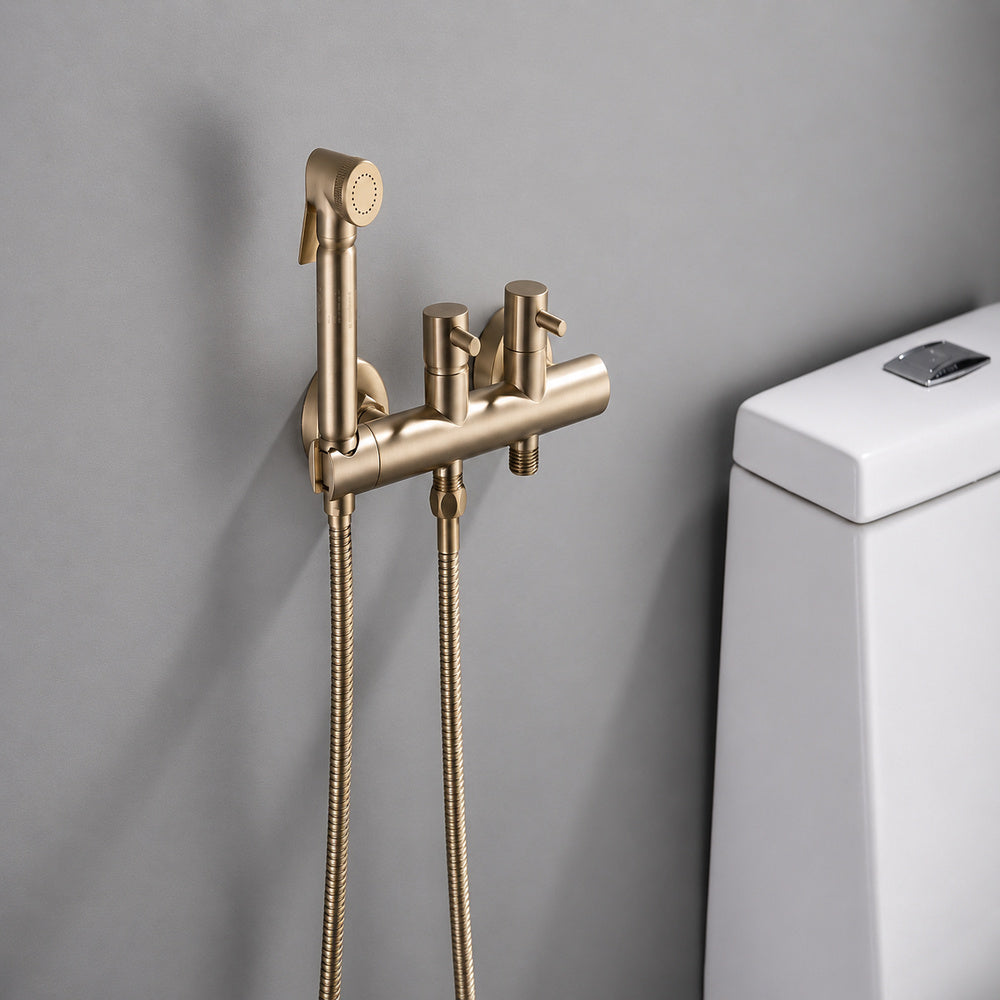 Contemporary Wall-Mounted Bidet Faucet, Dual-Handle Bidet Sprayer Set with Hose, Matte Black / Brushed Gold / Chrome / Gunmetal