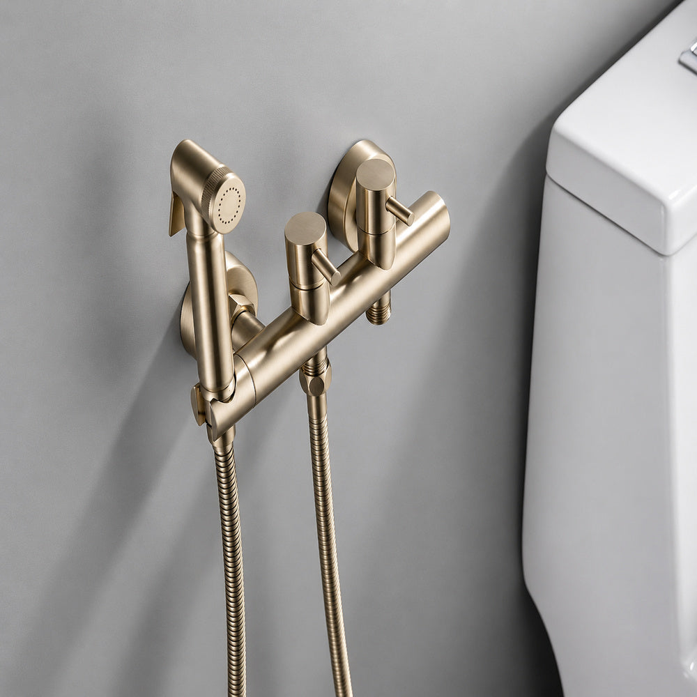 Contemporary Wall-Mounted Bidet Faucet, Dual-Handle Bidet Sprayer Set with Hose, Matte Black / Brushed Gold / Chrome / Gunmetal