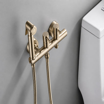 Contemporary Wall-Mounted Bidet Faucet, Dual-Handle Bidet Sprayer Set with Hose, Matte Black / Brushed Gold / Chrome / Gunmetal