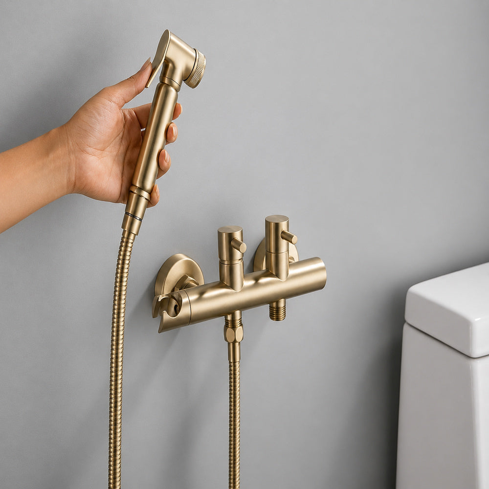 Contemporary Wall-Mounted Bidet Faucet, Dual-Handle Bidet Sprayer Set with Hose, Matte Black / Brushed Gold / Chrome / Gunmetal