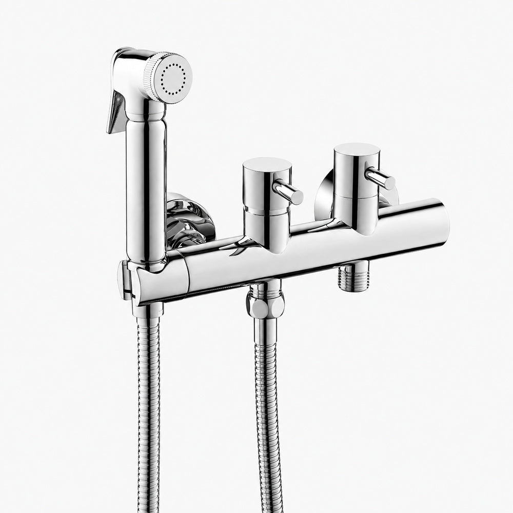 Contemporary Wall-Mounted Bidet Faucet, Dual-Handle Bidet Sprayer Set with Hose, Matte Black / Brushed Gold / Chrome / Gunmetal