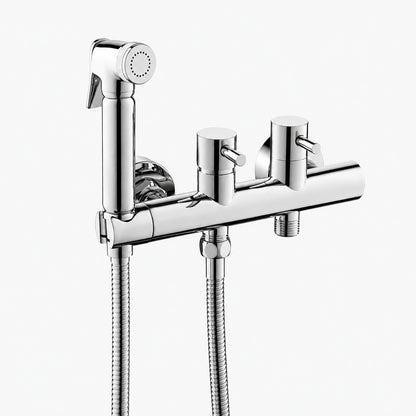 Contemporary Wall-Mounted Bidet Faucet, Dual-Handle Bidet Sprayer Set with Hose, Matte Black / Brushed Gold / Chrome / Gunmetal