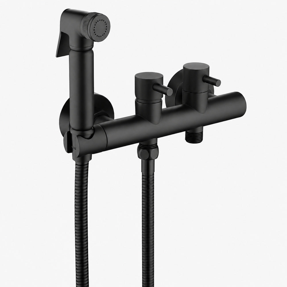 Contemporary Wall-Mounted Bidet Faucet, Dual-Handle Bidet Sprayer Set with Hose, Matte Black / Brushed Gold / Chrome / Gunmetal