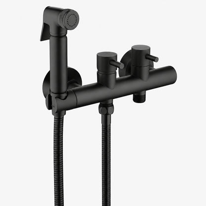 Contemporary Wall-Mounted Bidet Faucet, Dual-Handle Bidet Sprayer Set with Hose, Matte Black / Brushed Gold / Chrome / Gunmetal