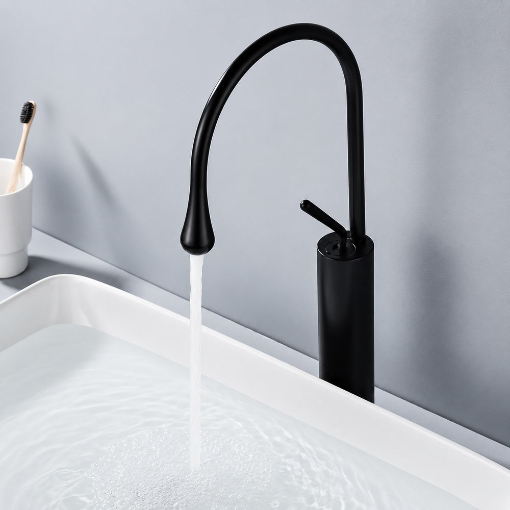 Single-Hole Vessel Sink Faucet, High Arc Gooseneck Spout Faucet, Chrome / Matte Black / Brushed Gold / Gunmetal