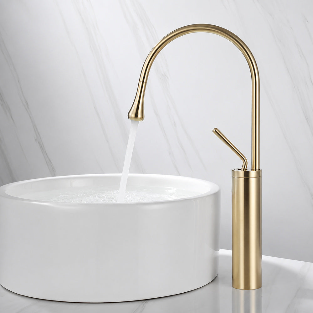 Single-Hole Vessel Sink Faucet, High Arc Gooseneck Spout Faucet, Chrome / Matte Black / Brushed Gold / Gunmetal