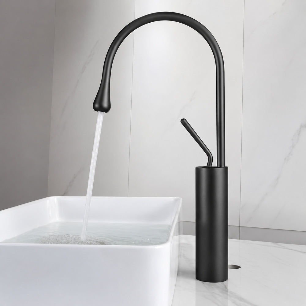 Single-Hole Vessel Sink Faucet, High Arc Gooseneck Spout Faucet, Chrome / Matte Black / Brushed Gold / Gunmetal