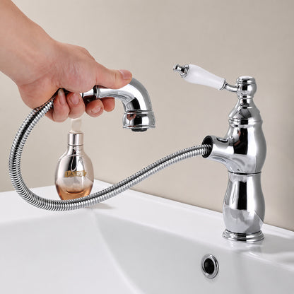 Pull-Out Single-Hole Bathroom Faucet, Single-Handle Brass Faucet, Antique Brass / Chrome / Polished Gold