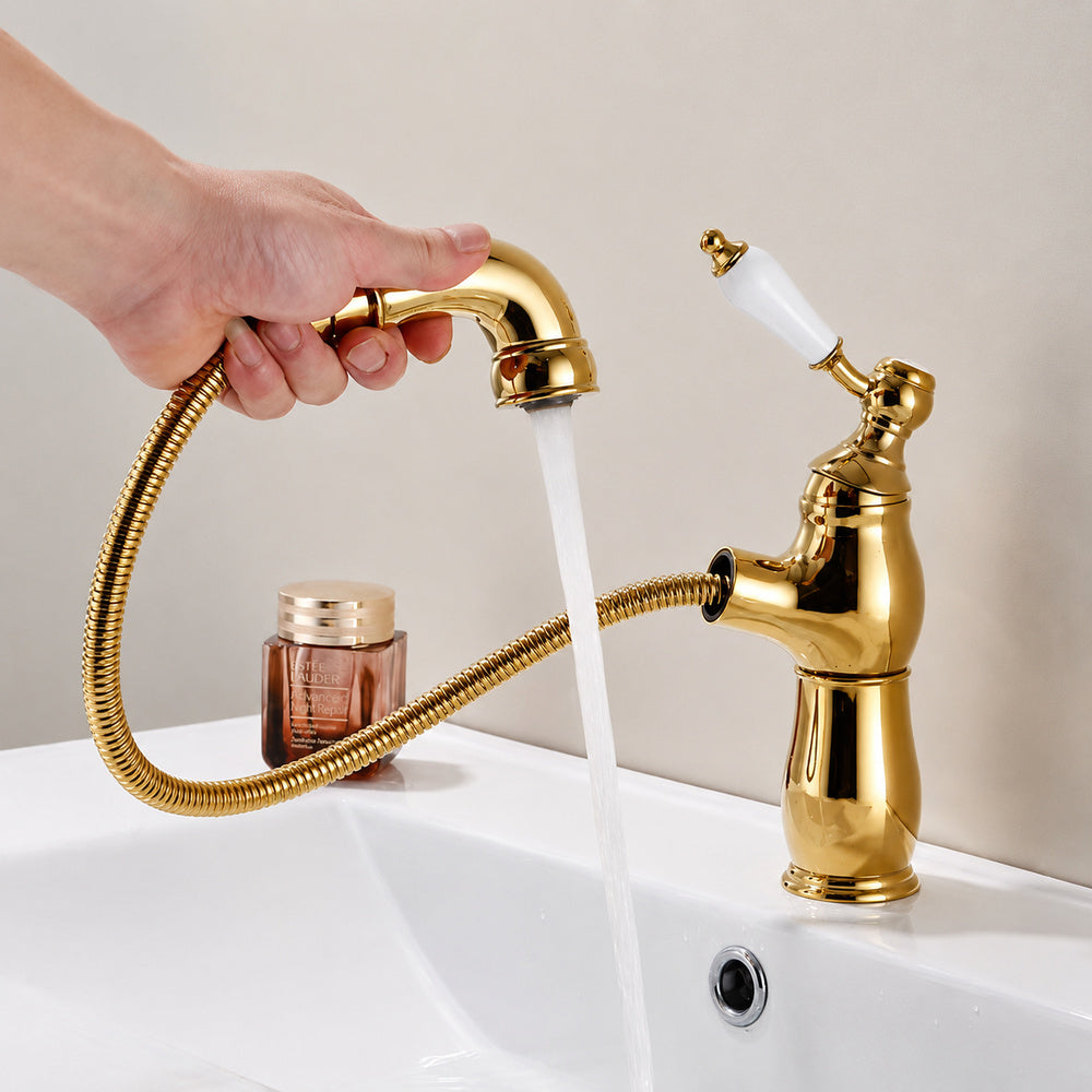 Pull-Out Single-Hole Bathroom Faucet, Single-Handle Brass Faucet, Antique Brass / Chrome / Polished Gold