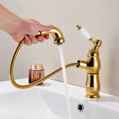 Pull-Out Single-Hole Bathroom Faucet, Single-Handle Brass Faucet, Antique Brass / Chrome / Polished Gold