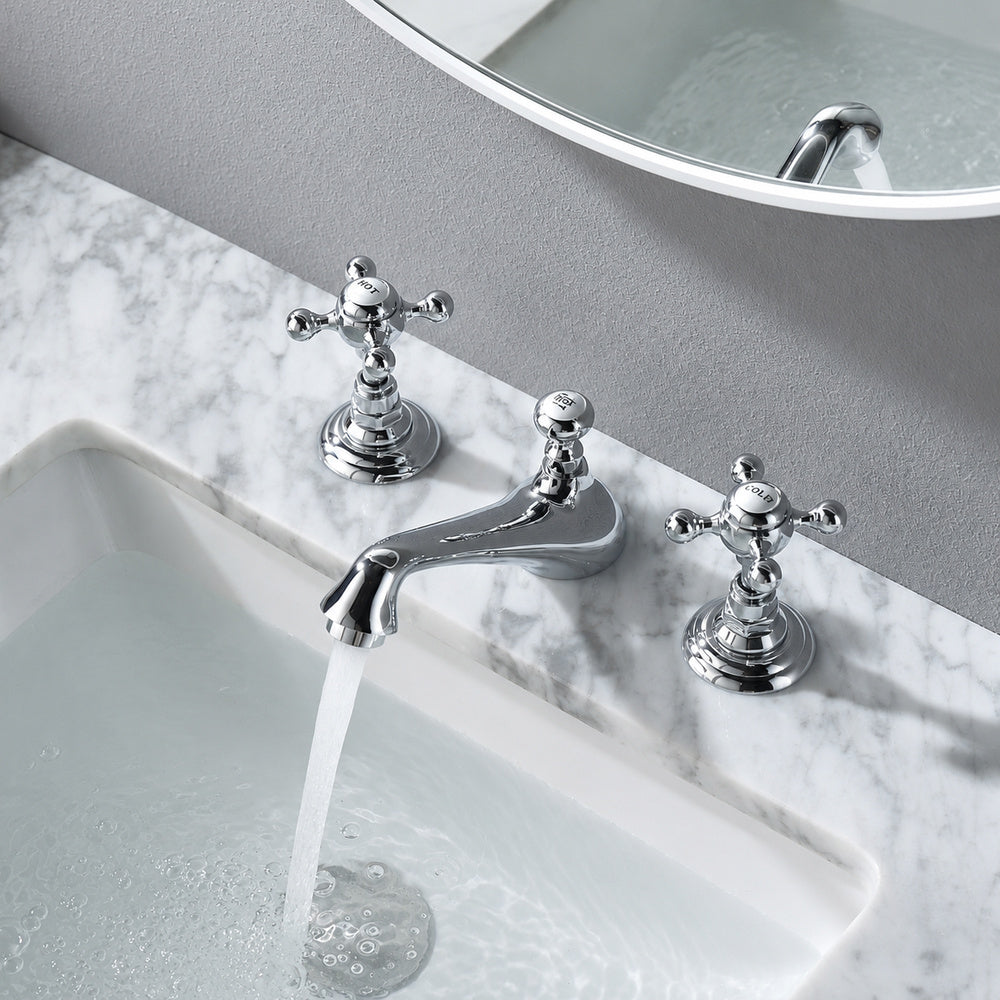 Vintage 3-Hole Widespread Bathroom Faucet, Double Cross Handle Faucet, Chrome / Polished Gold