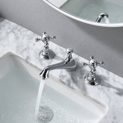 Vintage 3-Hole Widespread Bathroom Faucet, Double Cross Handle Faucet, Chrome / Polished Gold