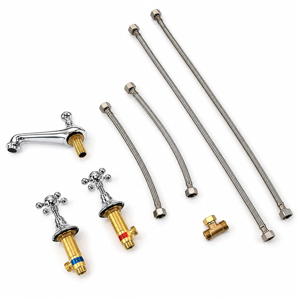 Vintage 3-Hole Widespread Bathroom Faucet, Double Cross Handle Faucet, Chrome / Polished Gold