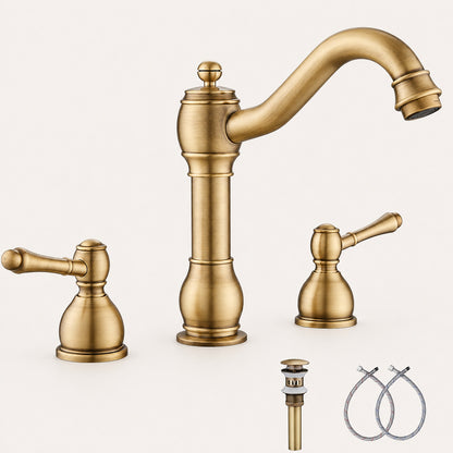 Vintage 8-Inch Widespread Bathroom Faucet, Two-Handle Brass Basin Faucet with Pop-Up Drain, Antique Brass / Matte Black