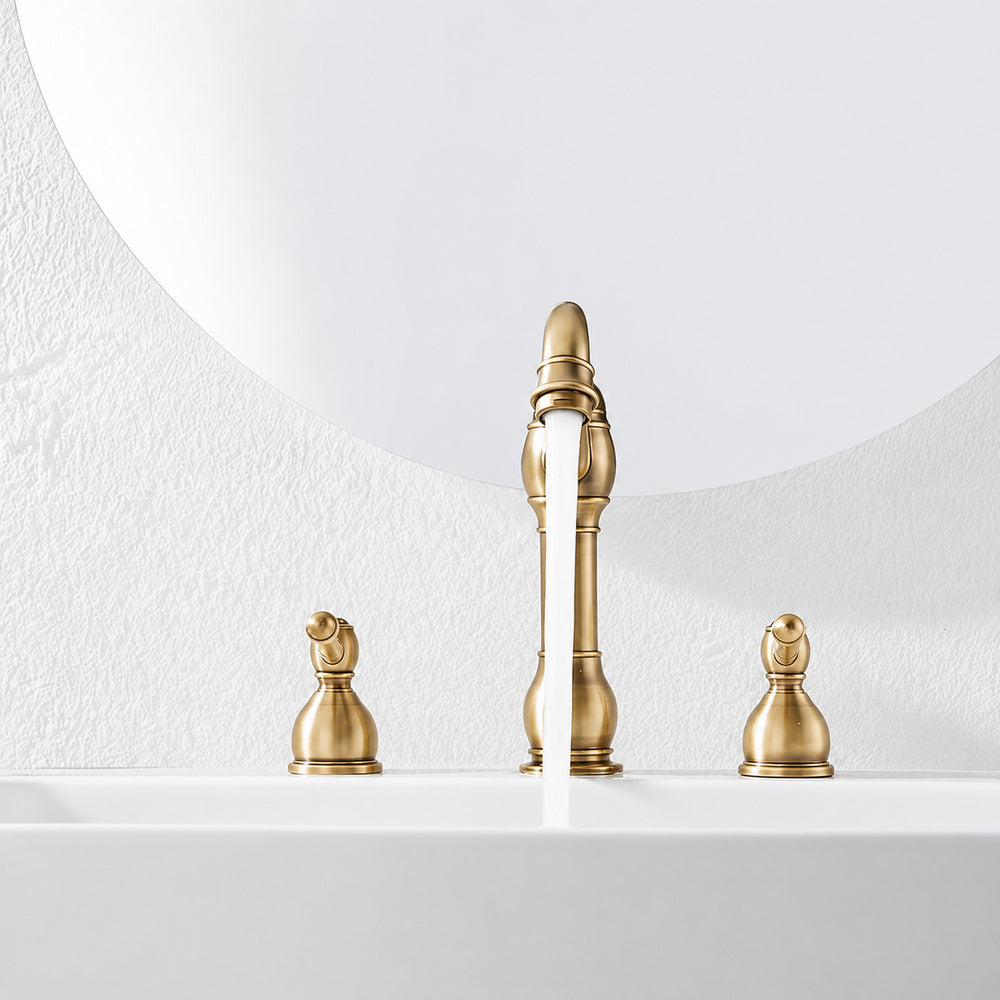Vintage 8-Inch Widespread Bathroom Faucet, Two-Handle Brass Basin Faucet with Pop-Up Drain, Antique Brass / Matte Black