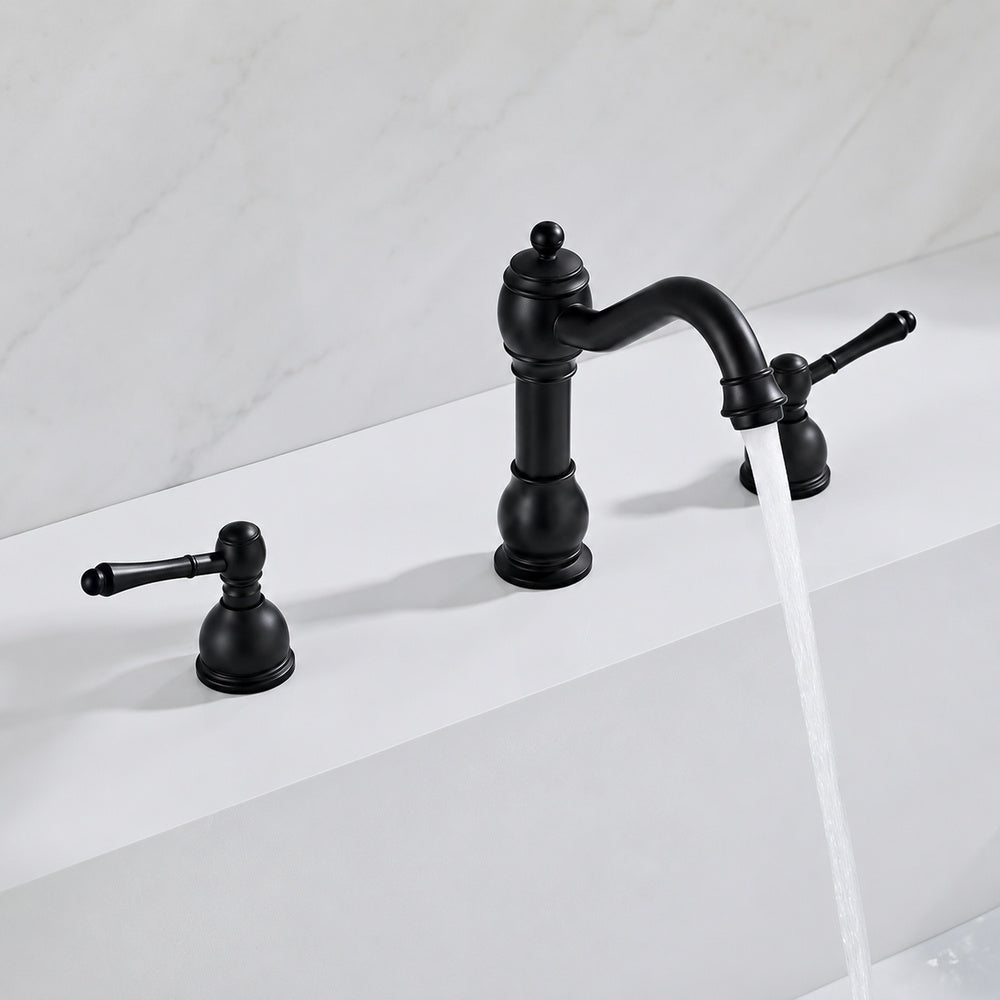 Vintage 8-Inch Widespread Bathroom Faucet, Two-Handle Brass Basin Faucet with Pop-Up Drain, Antique Brass / Matte Black