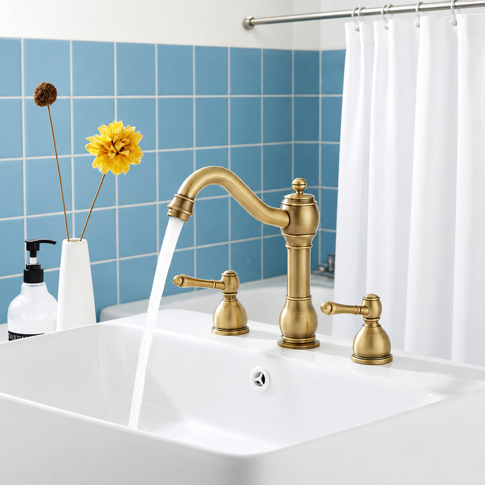 Vintage 8-Inch Widespread Bathroom Faucet, Two-Handle Brass Basin Faucet with Pop-Up Drain, Antique Brass / Matte Black