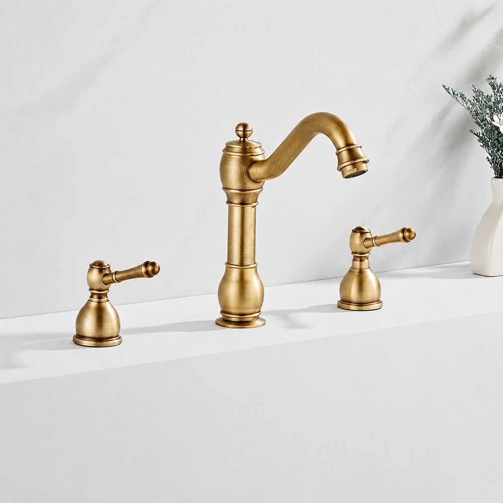 Vintage 8-Inch Widespread Bathroom Faucet, Two-Handle Brass Basin Faucet with Pop-Up Drain, Antique Brass / Matte Black