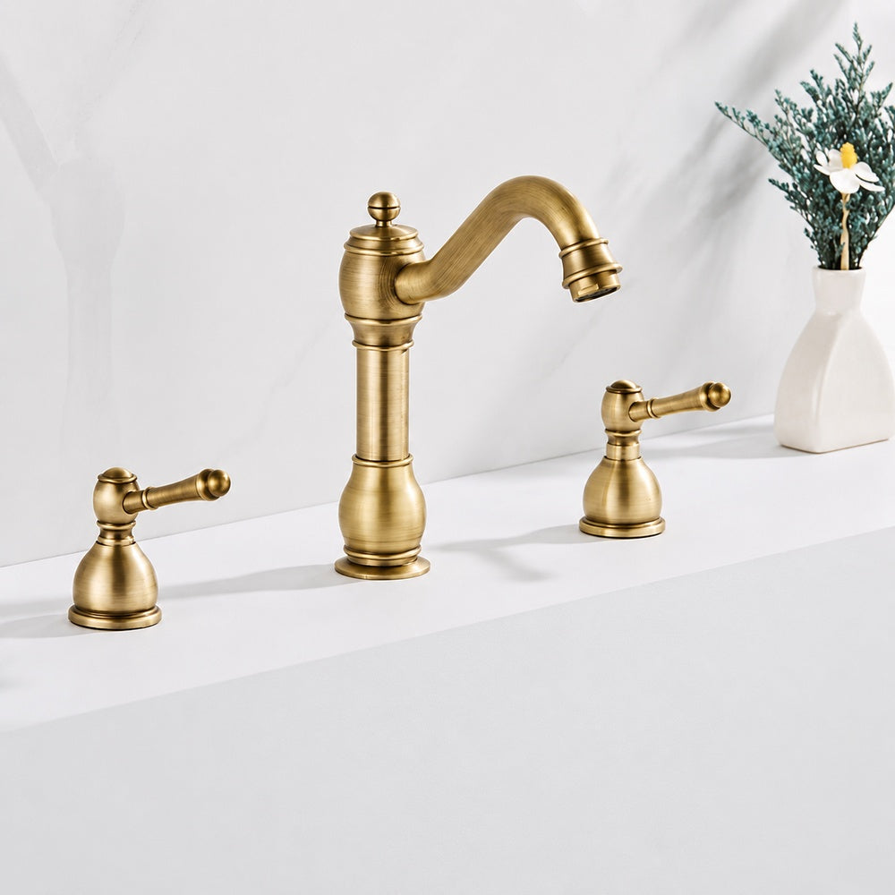 Vintage 8-Inch Widespread Bathroom Faucet, Two-Handle Brass Basin Faucet with Pop-Up Drain, Antique Brass / Matte Black