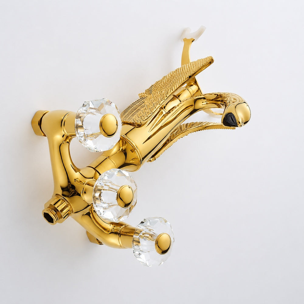 Polished Gold Swan Wall-Mount Bathtub Faucet, Vintage Dual-Handle Brass Tub Mixer with Handheld Shower