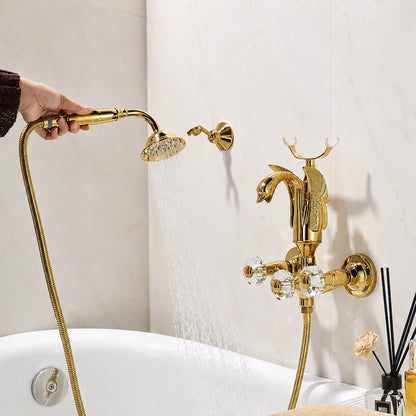 Polished Gold Swan Wall-Mount Bathtub Faucet, Vintage Dual-Handle Brass Tub Mixer with Handheld Shower