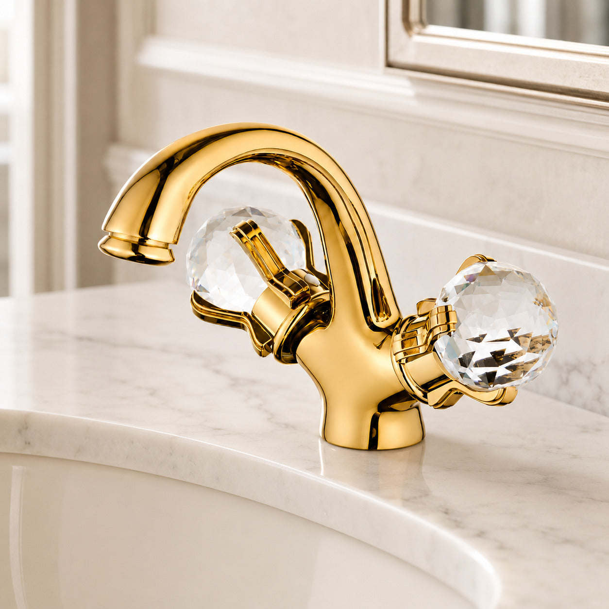 Polished Gold Modern Bathroom Faucet, Single-Hole Brass Vanity Faucet with Crystal Knob Handles