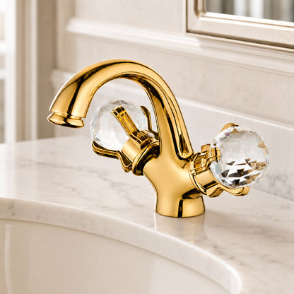 Polished Gold Modern Bathroom Faucet, Single-Hole Brass Vanity Faucet with Crystal Knob Handles