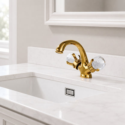 Polished Gold Modern Bathroom Faucet, Single-Hole Brass Vanity Faucet with Crystal Knob Handles