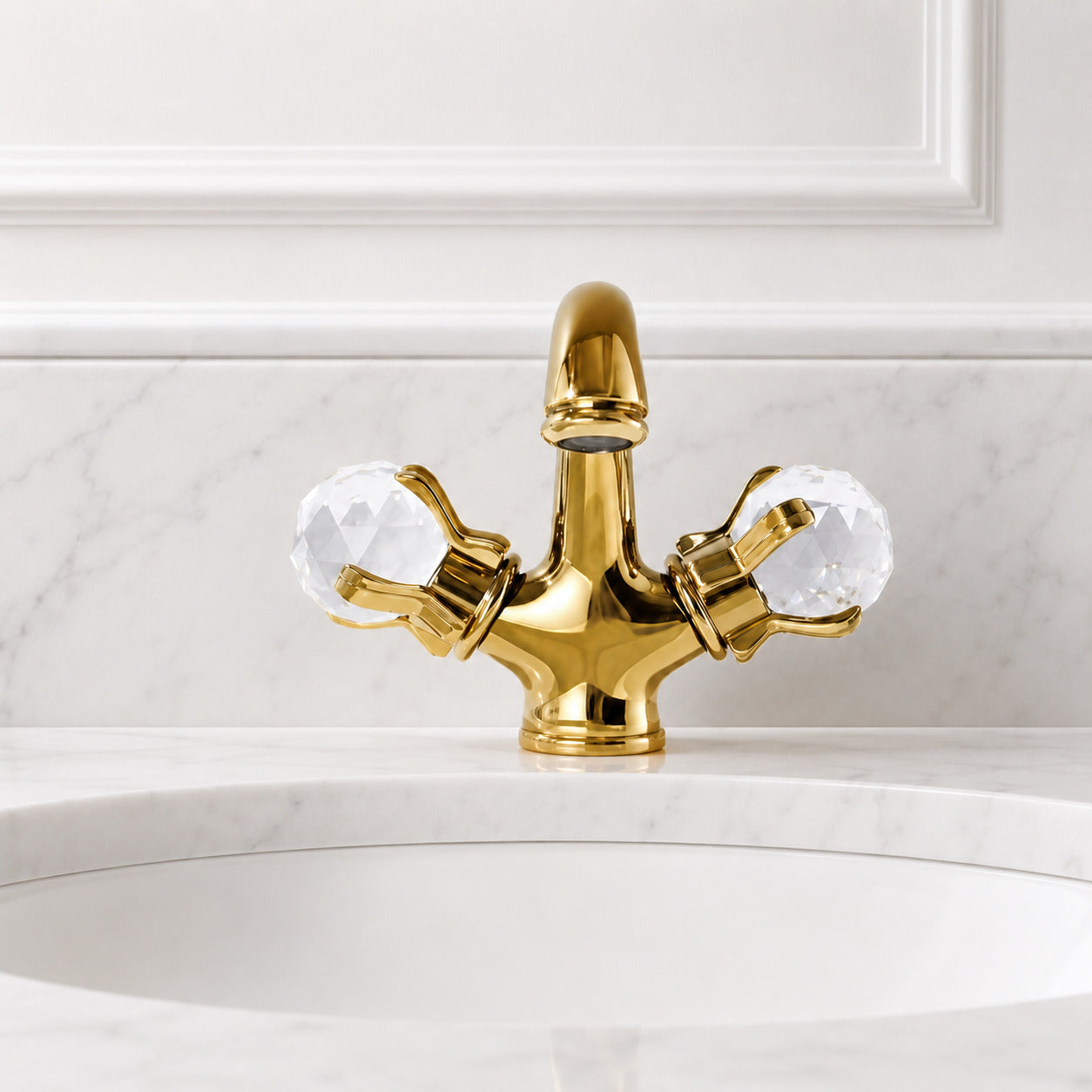 Polished Gold Modern Bathroom Faucet, Single-Hole Brass Vanity Faucet with Crystal Knob Handles