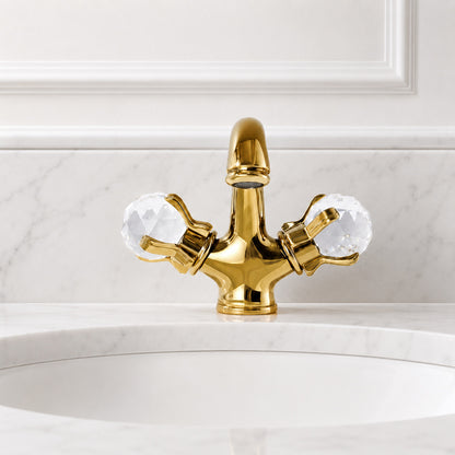 Polished Gold Modern Bathroom Faucet, Single-Hole Brass Vanity Faucet with Crystal Knob Handles