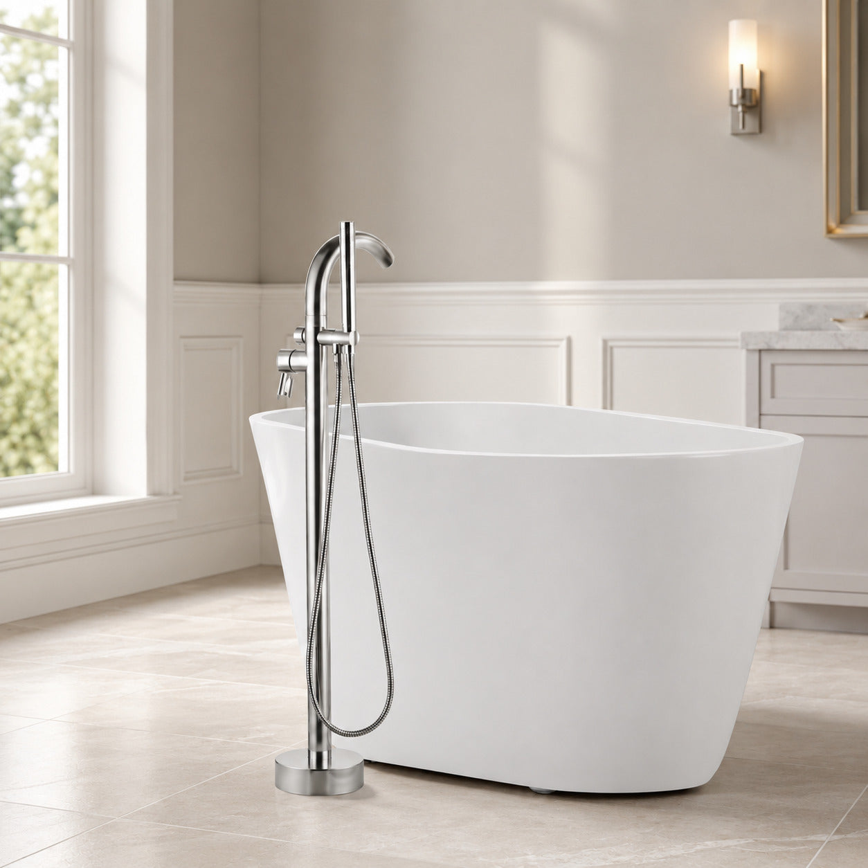 Chrome Freestanding Bathtub Faucet, Single-Handle Floor-Mount Tub Filler with Handheld Shower