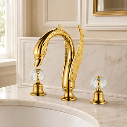 Polished Gold Swan Widespread Bathroom Faucet, Traditional Dual-Handle Basin Faucet with Crystal Knob Handles
